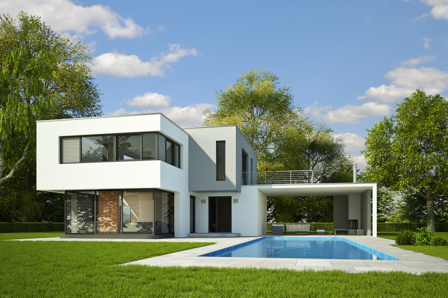 Kubus weiss_grau mit Pool am Tag